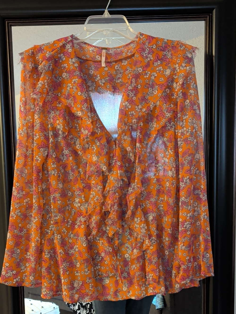 Free People Boho Orange Floral Ruffle V-Neck Blouse